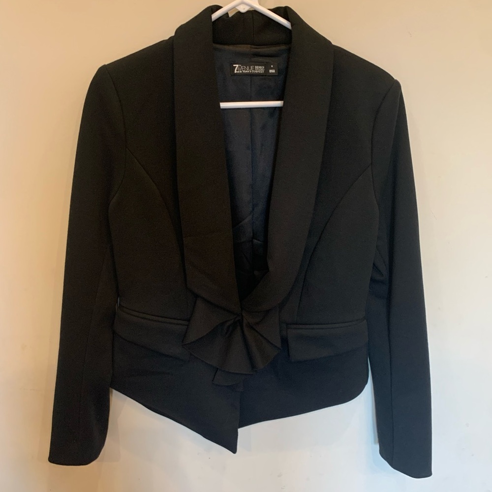 NY & Co. black suit jacket with ruffle detail.